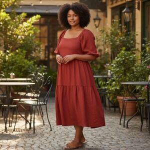 House of Harlow Red‎ Orange Rust Puff Sleeve Tiered Smocked Casual Dress Sz L